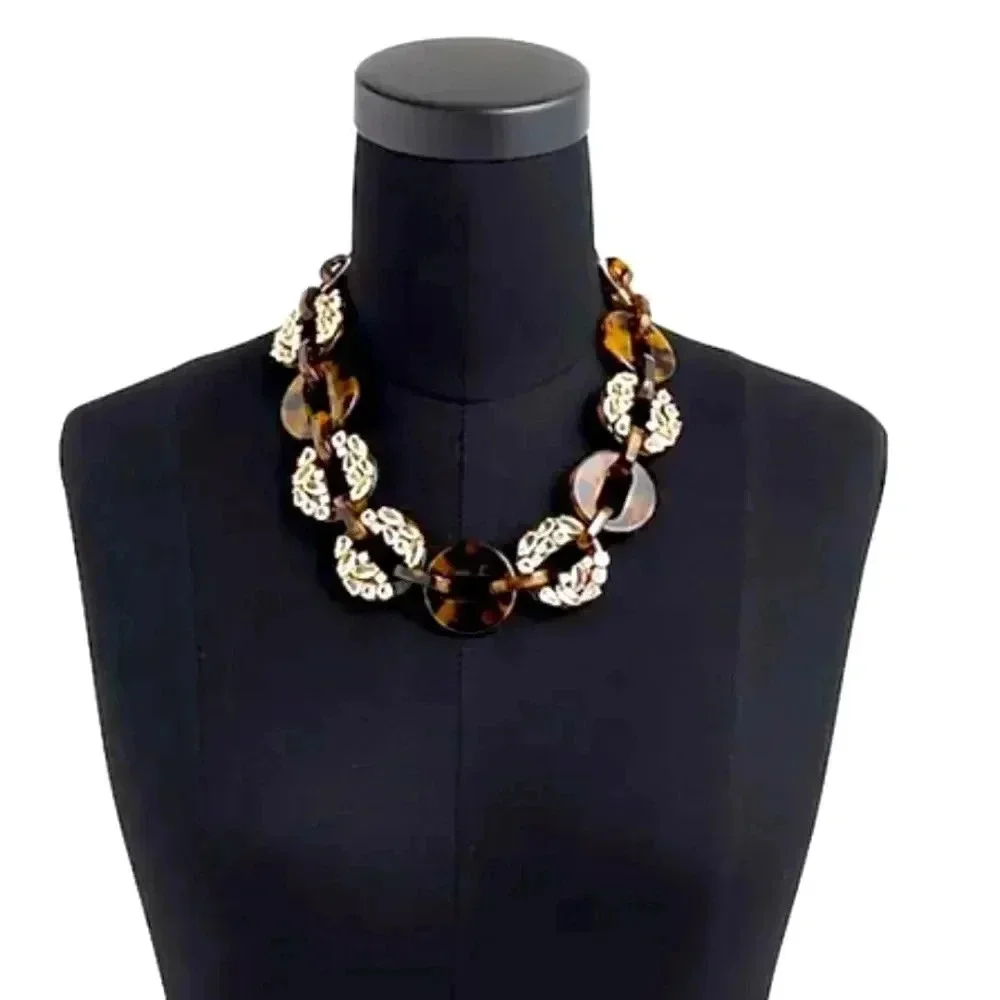 NWT J. Crew Tortoise And Rhinestone/Crystal Link Adjustable Statement Necklace